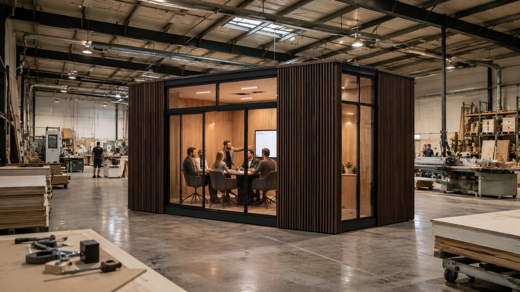 Offis SMART 18 utilizado como sala de reuniones dentro de una planta industrial