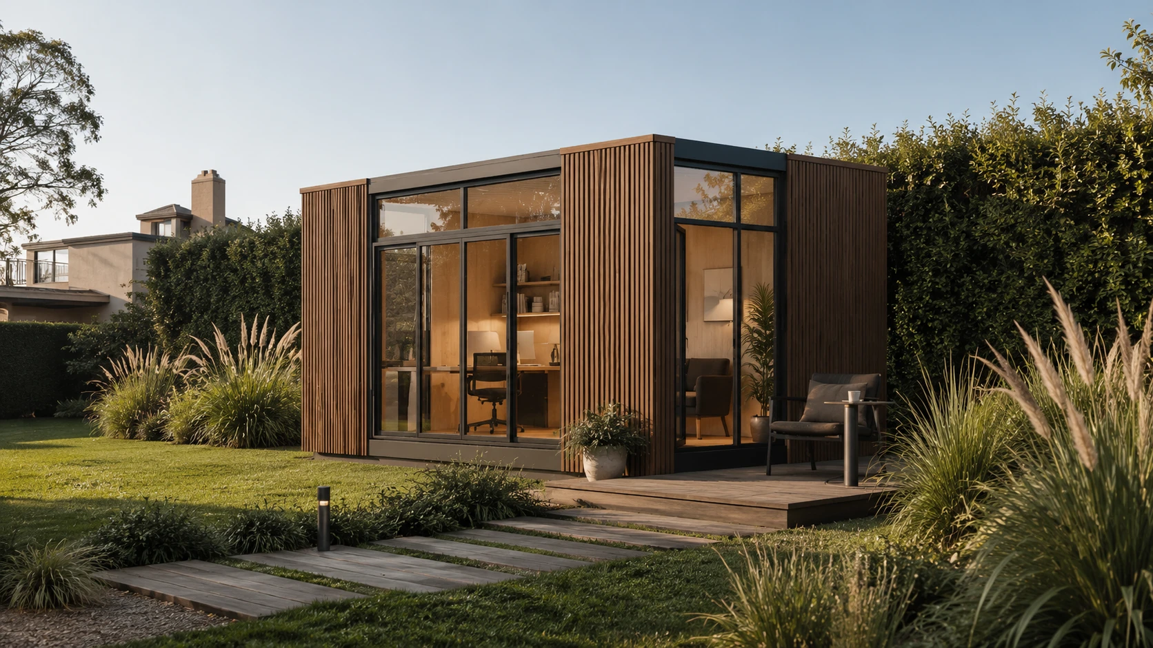 Offis SMART 18 utilizado como espacio de trabajo en el jardín de una casa